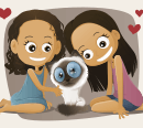 Caricature Neela et Hanae avec leur chat Delphy